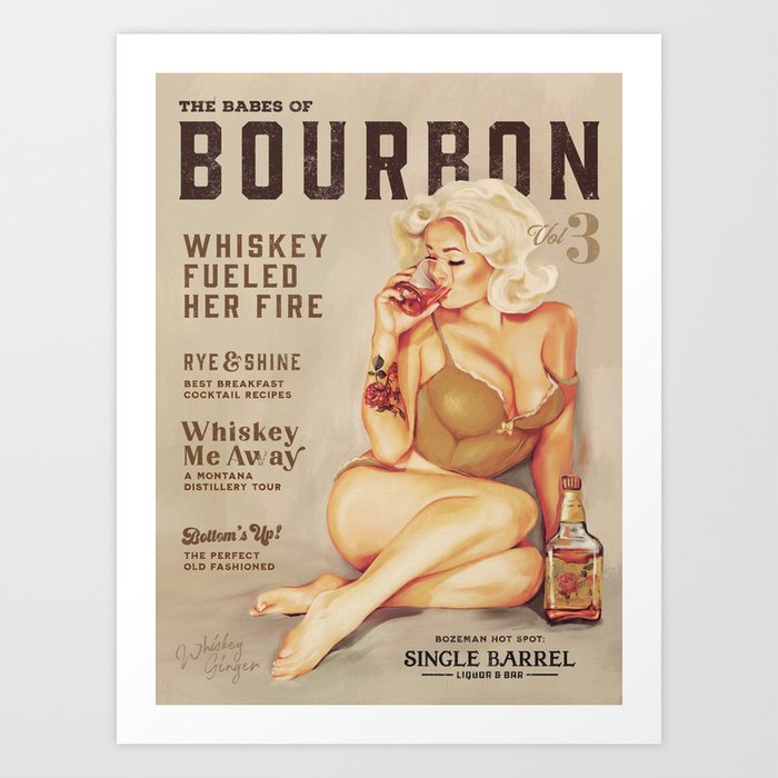 "The Babes Of Bourbon" Cute Vintage Blonde Pinup Girl In Lingerie Drinking Whiskey Art Print