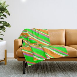 [ Thumbnail: Light Yellow, Dark Orange, Orchid, and Lime Colored Lined Pattern Throw Blanket ]