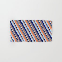 [ Thumbnail: Coral, Light Blue, Midnight Blue & Gray Colored Lines Pattern Hand & Bath Towel ]