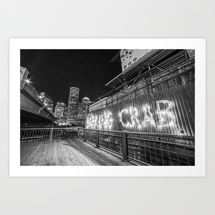 Boston Fort Port Channel Barking Crab at Night Black and White Art Print