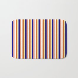 [ Thumbnail: Dark Salmon, White, Chocolate, Pale Goldenrod, and Dark Blue Colored Lines/Stripes Pattern Bath Mat ]