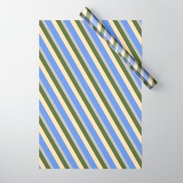 [ Thumbnail: Dark Olive Green, Beige, Cornflower Blue & Grey Colored Lines Pattern Wrapping Paper ]
