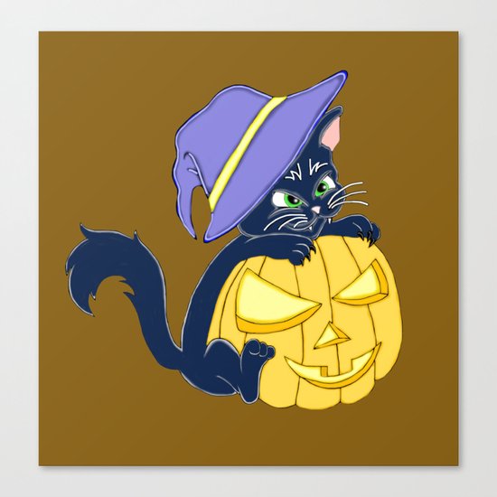 Mischievous Black Cat and Pumpkin Canvas Print