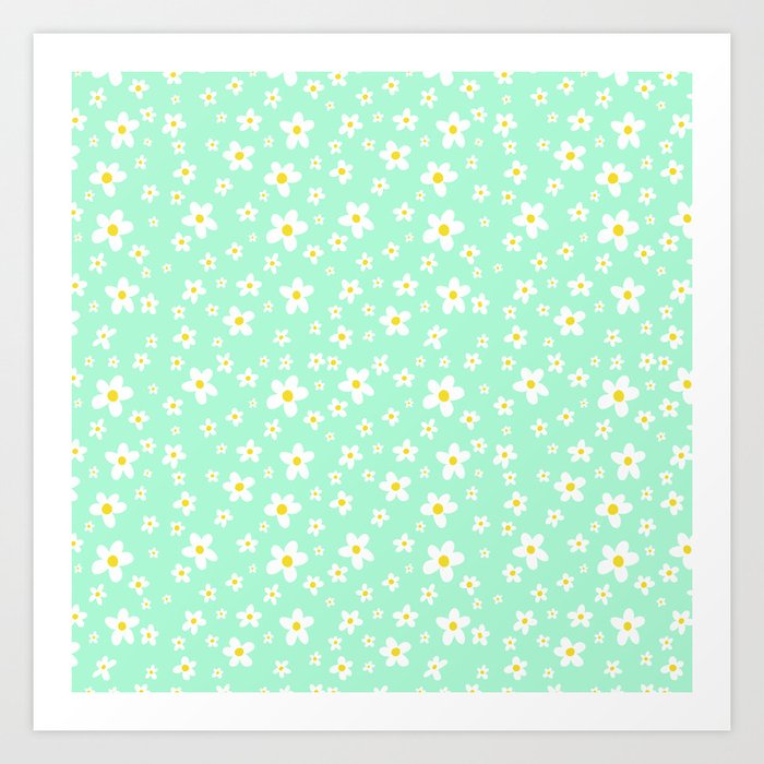 Daisy Pattern over Bright Pastel Green Art Print