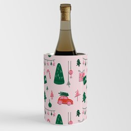 Very Christmas Pattern with green tree, red car, lights, gifts, and ornaments Wine Chiller