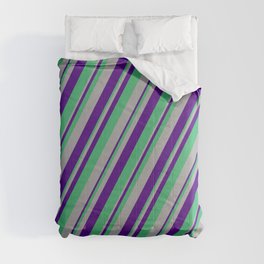 [ Thumbnail: Indigo, Sea Green & Dark Gray Colored Lined/Striped Pattern Comforter ]