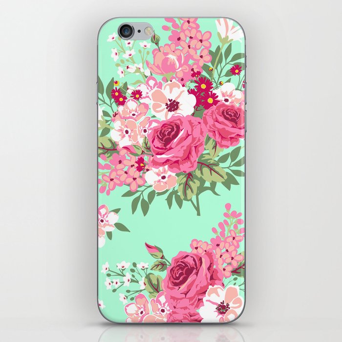 Cottage Chic Roses and Lilacs Floral in Aqua and Pink iPhone Skin
