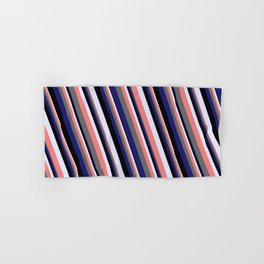 [ Thumbnail: Eye-catching Lavender, Light Coral, Dim Gray, Midnight Blue & Black Colored Striped/Lined Pattern Hand & Bath Towel ]