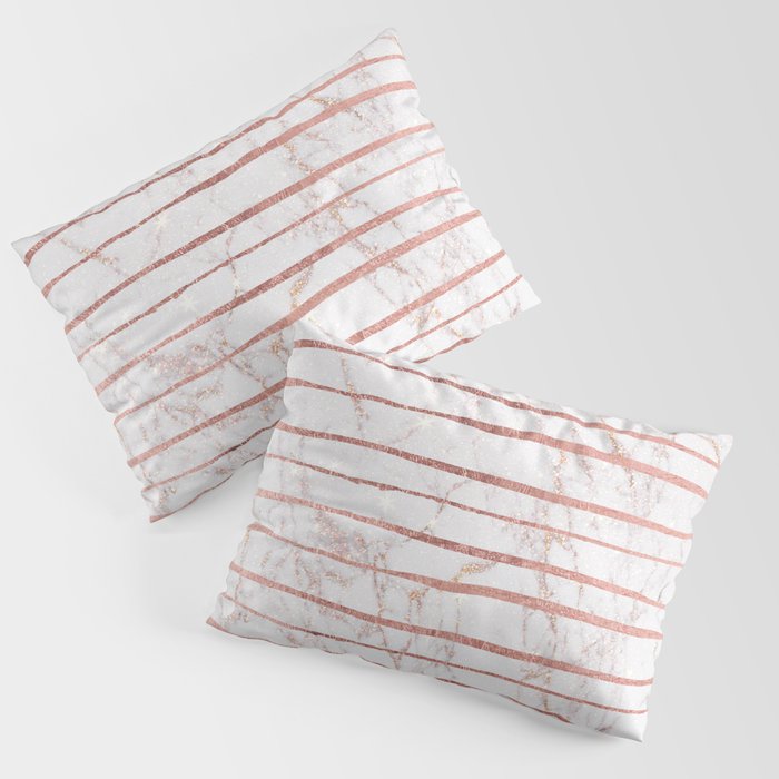 Stylish rose gold glitter stripes white marble pattern Pillow Sham