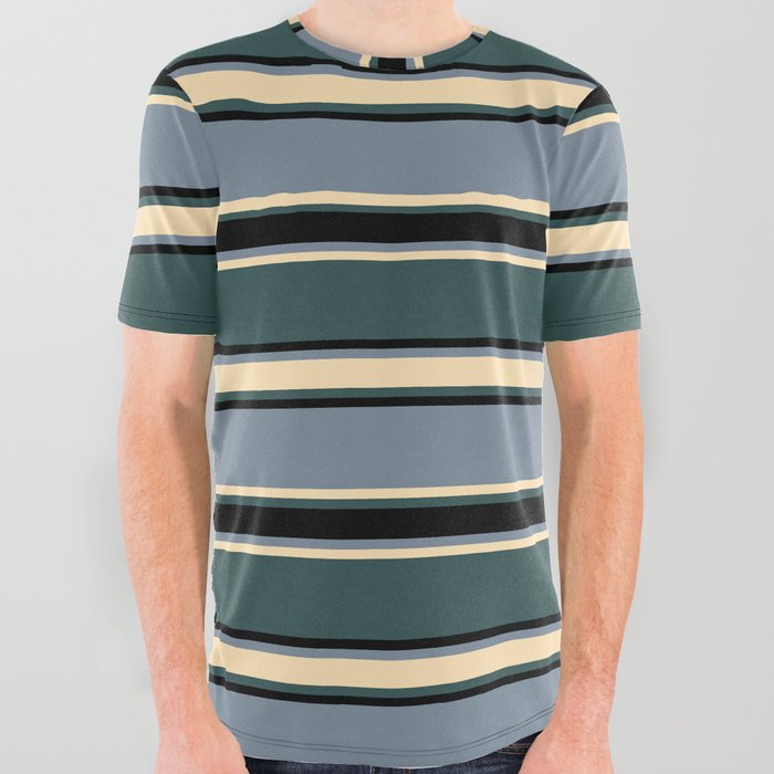 Light Slate Gray, Beige, Dark Slate Gray, and Black Colored Stripes/Lines Pattern All Over Graphic Tee