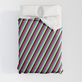[ Thumbnail: Vibrant Green, Beige, Black, Brown, and Fuchsia Colored Stripes Pattern Duvet Cover ]