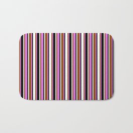 [ Thumbnail: Orchid, Brown, White & Black Colored Lined Pattern Bath Mat ]