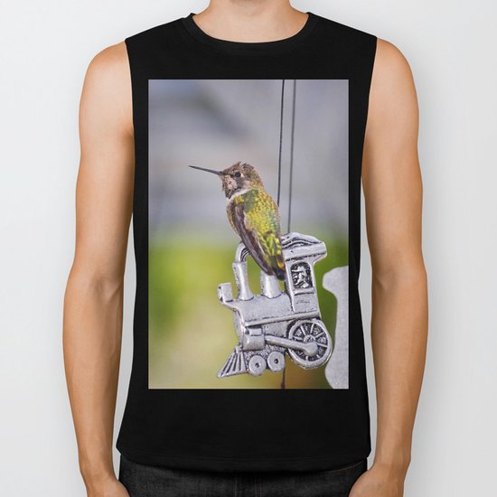Hummingbird on Train Windchime. © J. Montague. Biker Tank