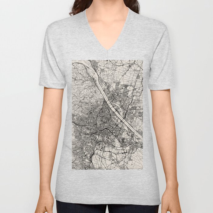 Vienna-Austria - Black and White Map V Neck T Shirt