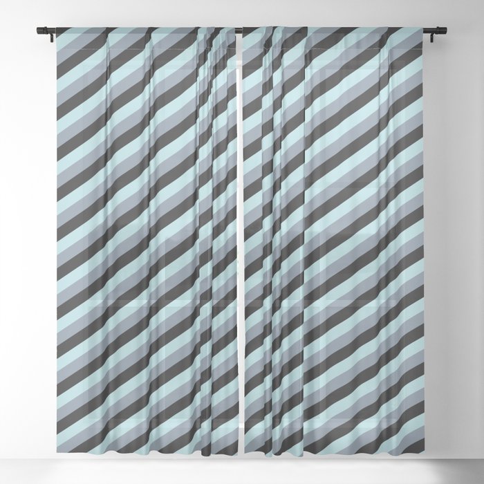 Powder Blue, Light Slate Gray & Black Colored Lines Pattern Sheer Curtain