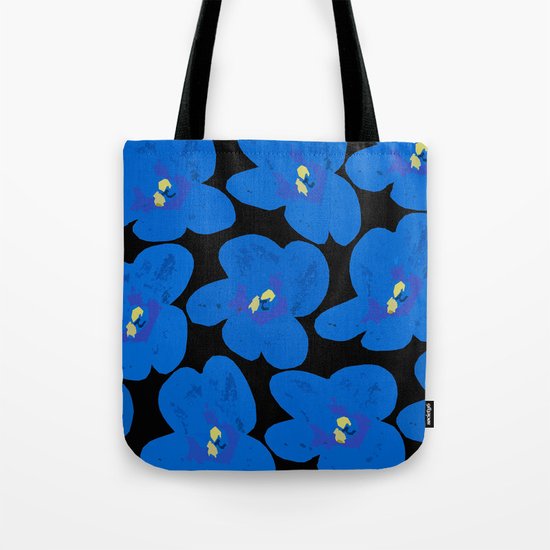 Blue Retro Flowers on Black Background Tote Bag