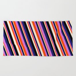 [ Thumbnail: Vibrant Midnight Blue, Orchid, Red, Beige & Black Colored Striped/Lined Pattern Beach Towel ]