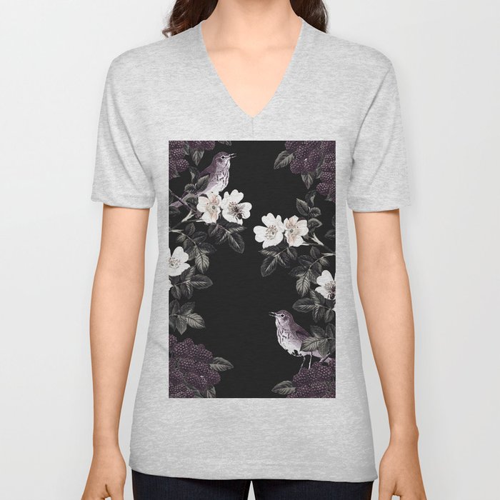 Blackberry Spring Garden Night - Birds and Bees on Black V Neck T Shirt