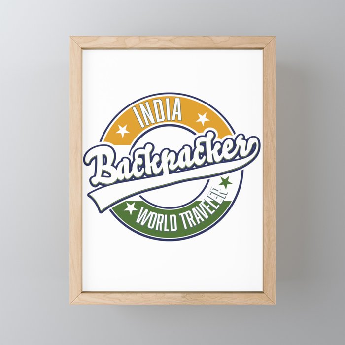 India backpacker world traveler retro logo. Framed Mini Art Print