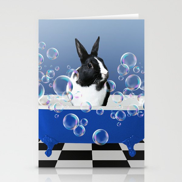 Black & white Bunny Rabbit Bathtub with Soap Bubbles Stationery Cards