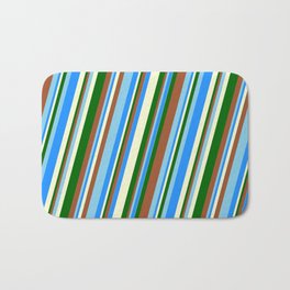 [ Thumbnail: Vibrant Sienna, Sky Blue, Blue, Light Yellow, and Dark Green Colored Striped Pattern Bath Mat ]