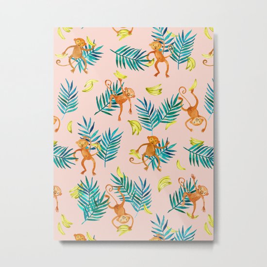 Tropical Monkey Banana Bonanza on Blush Pink Metal Print