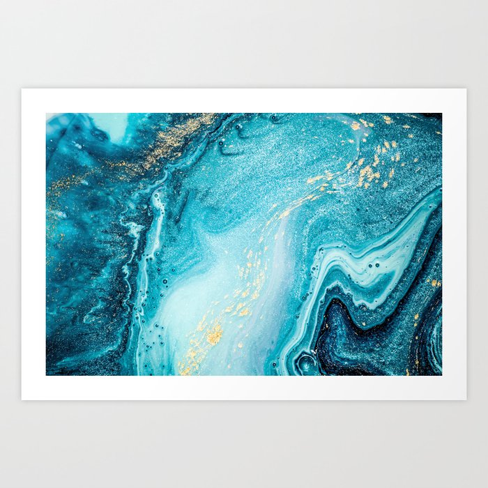 Aquamarine and Cerulean + Gold Flecked Abstract Ripples Art Print