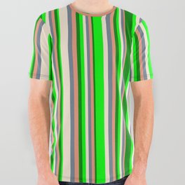 [ Thumbnail: Eyecatching Lime, Green, Dark Salmon, Slate Gray & Beige Colored Striped/Lined Pattern All Over Graphic Tee ]