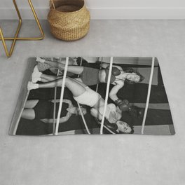 Oh, no she didn't! female boxer knocking out other female boxer vintage sports black and white photograph - photography - photographs Rug