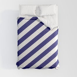[ Thumbnail: White and Midnight Blue Colored Stripes Pattern Comforter ]