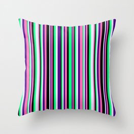 [ Thumbnail: Eye-catching Green, Lavender, Indigo, Hot Pink & Black Colored Lines/Stripes Pattern Throw Pillow ]
