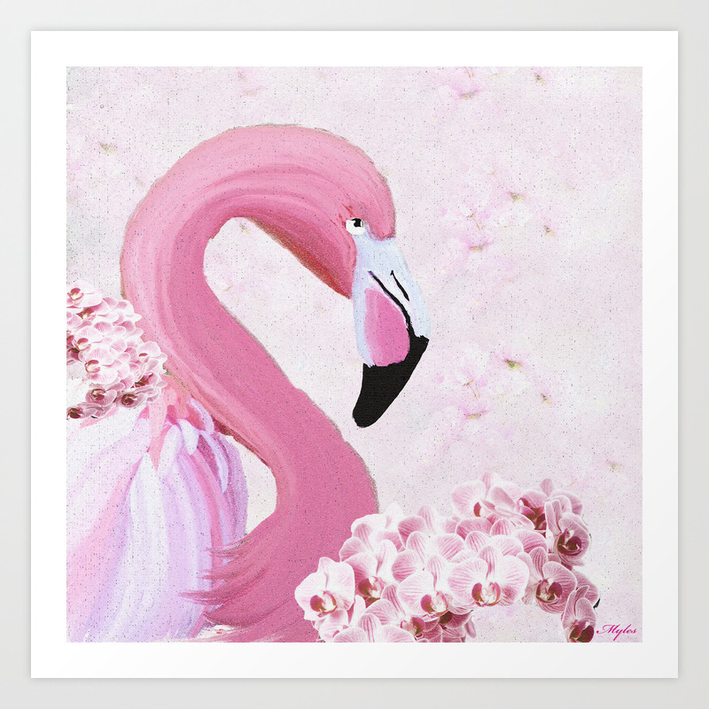 Pink Flamingo And Orchid Oil Painting Art Print By Saundramyles