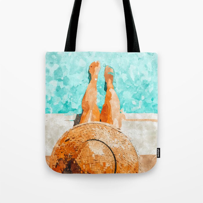 By The Pool All Day, Summer Travel Woman Swimming, Tropical Fashion Bohemian Painting Tote Bag