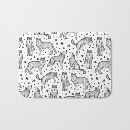 Wolves and Stars on White Bath Mat