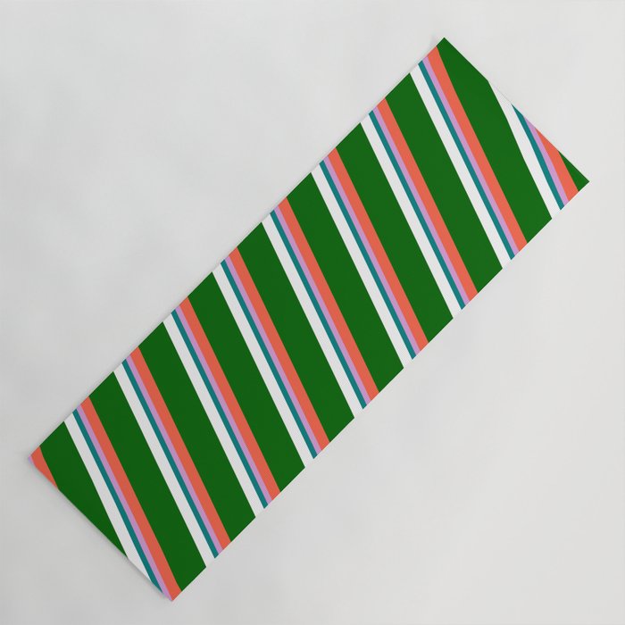 Vibrant Red, Dark Green, White, Teal & Plum Colored Striped Pattern Yoga Mat
