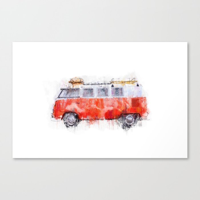 Camper Bus Retro Camping Van Painting Illustration Canvas