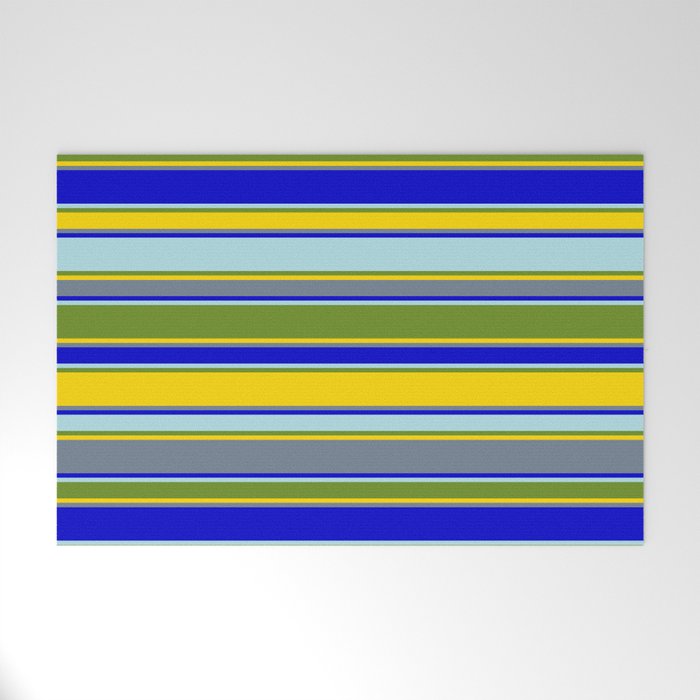 Colorful Powder Blue, Green, Yellow, Slate Gray & Blue Colored Striped Pattern Welcome Mat