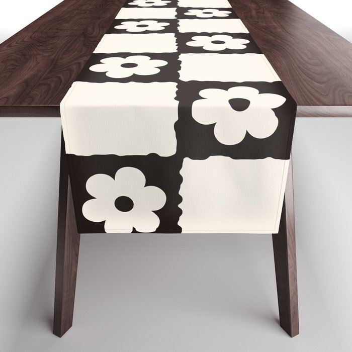 Retro Flower Checker in Black&White Table Runner
