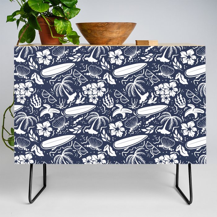 Navy Blue and White Surfing Summer Beach Objects Seamless Pattern Credenza