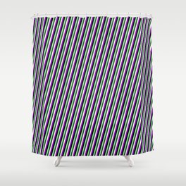 [ Thumbnail: Black, Light Green, Dark Slate Gray, Light Yellow, and Dark Violet Colored Lined/Striped Pattern Shower Curtain ]