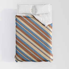 [ Thumbnail: Tan, Blue & Sienna Colored Stripes/Lines Pattern Duvet Cover ]
