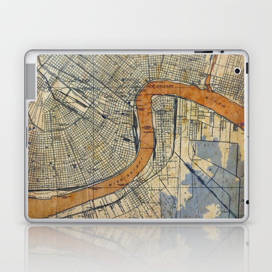 New Orleans Louisiana 1932 vintage map, NO old colorful artwork Laptop & iPad Skin