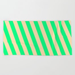[ Thumbnail: Green and Tan Colored Pattern of Stripes Beach Towel ]