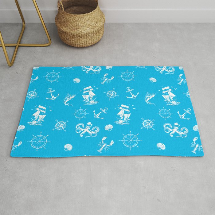  Turquoise And White Silhouettes Of Vintage Nautical Pattern Rug