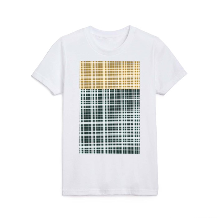 Mid Century Modern Woven Color Block Pattern Mustard Gold and Dark Blue Green Kids T Shirt
