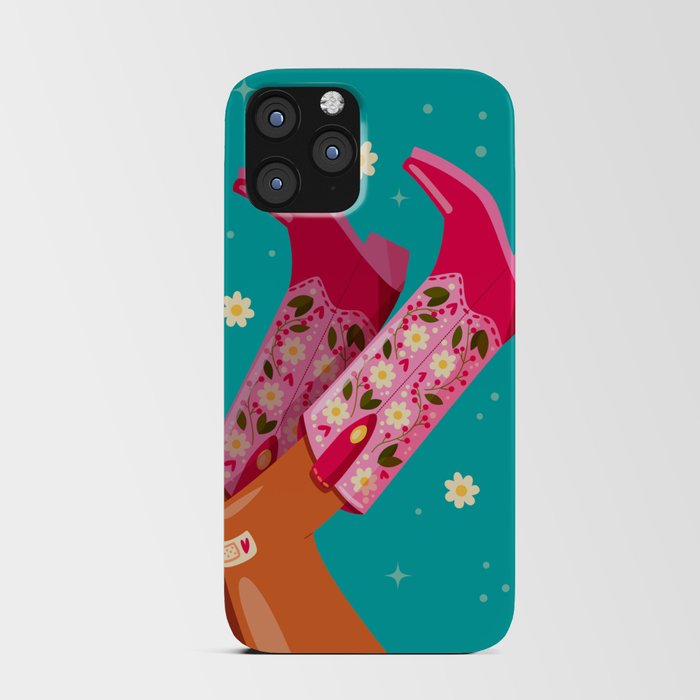 Woman legs with cowboy boots decorated with flowers. Cowgirl with cowboy boots. American western theme. Colorful vibrant vector illustration. iPhone Card Case