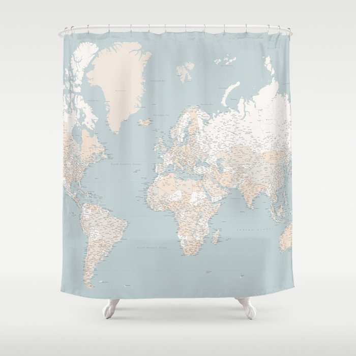 Muted Colors Highly Detailed World Map "Tiara" Shower