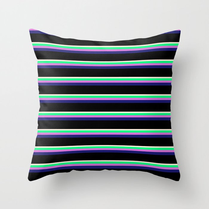 Beige, Green, Orchid, Midnight Blue, and Black Colored Lined Pattern Throw Pillow