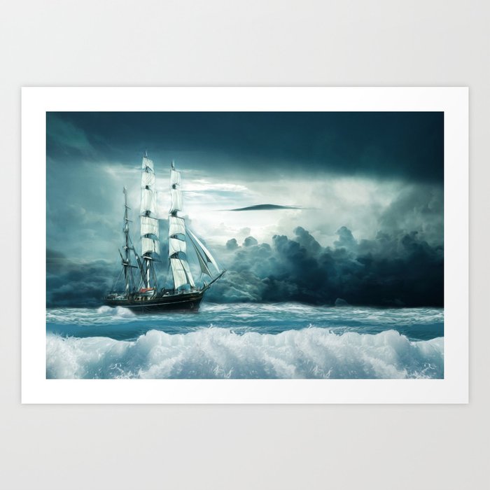 Blue Ocean Ship Storm Clouds Art Print