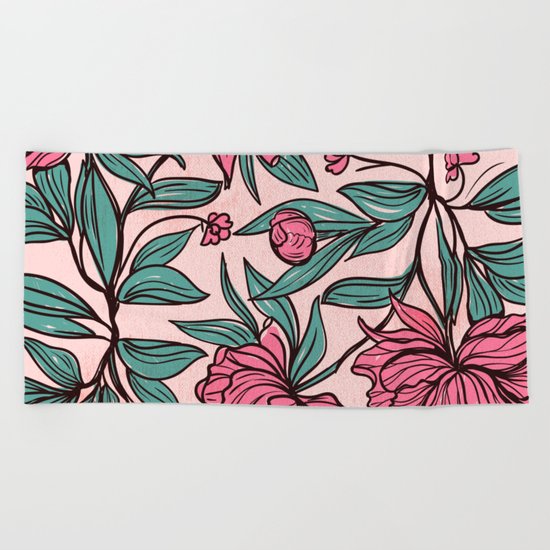 Floral Obsession (pink peonies vintage flowers pattern) Beach Towel